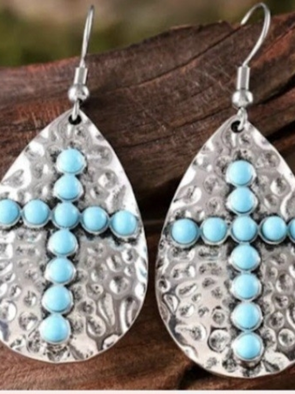 Silver Teardrop Cross Dangle Earrings with Turquoise Beads